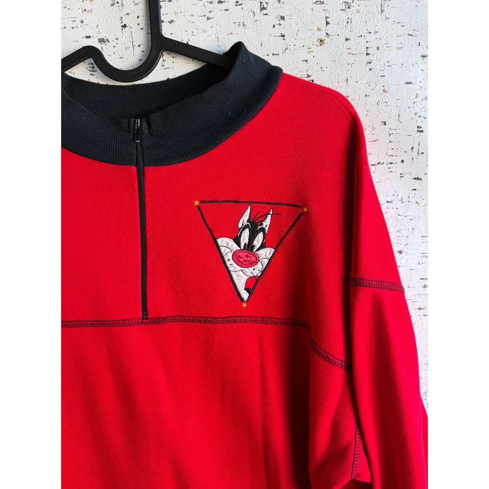 VTG Womens Sz XL Looney Tunes 1997 Red Oversized Long Sleeve Shirt 1/4 Zip - Picture 4 of 9